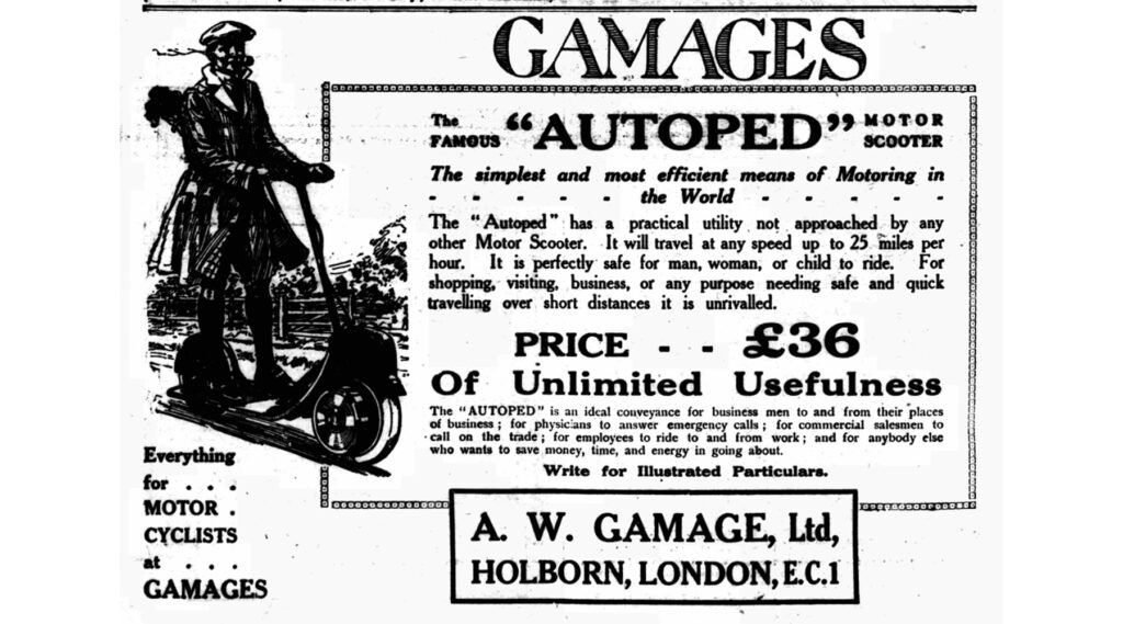 想象一下这个画面：在一百年前的伦敦街头，滑过一辆油动滑板车