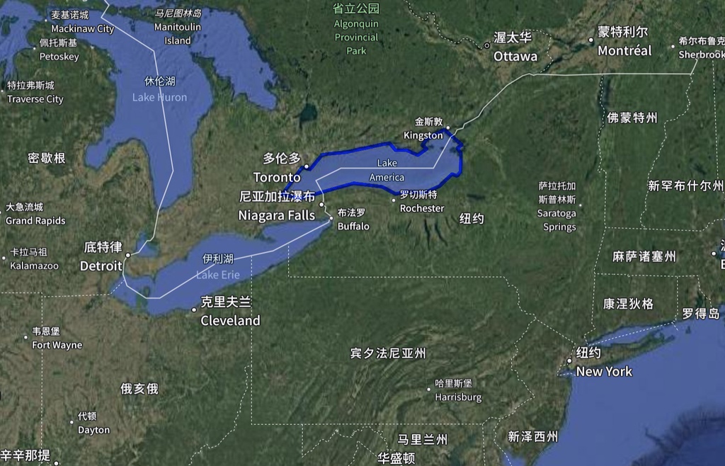 在Google Maps上，安大略湖已经被显示为“美国湖”了