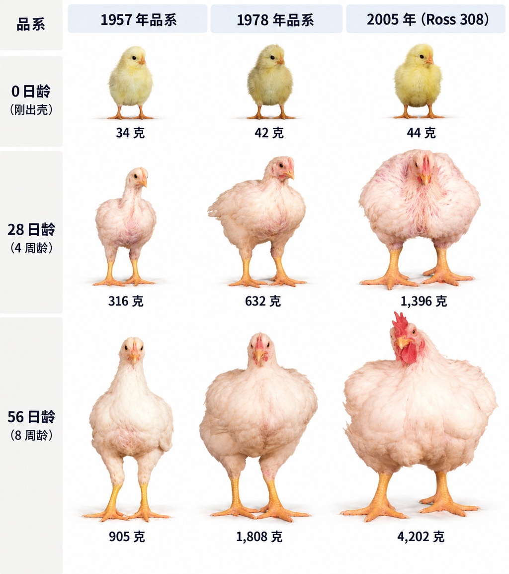 70年膨胀4倍:肉鸡体型是如何飞涨的