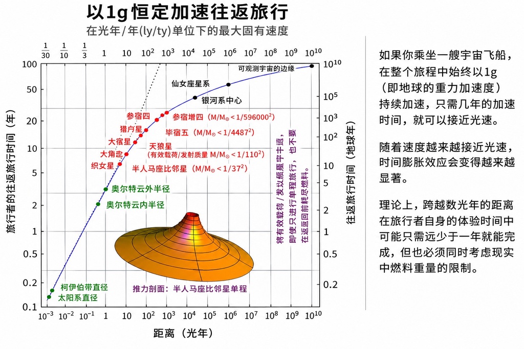 如果我们能保持1个g的加速度，多久能穿越宇宙
